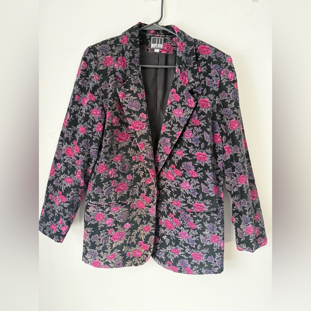 VTG Mark Alan Blazer Jacket Black Gray Pink Floral Size 8 M Lined Pockets Cotton - Picture 2 of 8